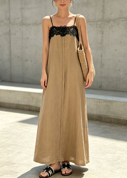Chic Khaki Lace Patchwork Cotton Spaghetti Strap Dress Summer