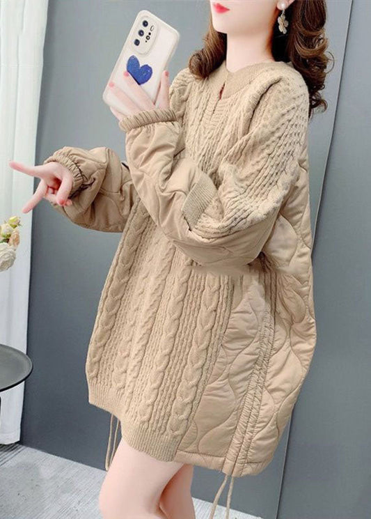 Chic Khaki O-Ausschnitt Übergroße Baumwolle gefüllt Patchwork Kordelzug Langer Pullover Winter