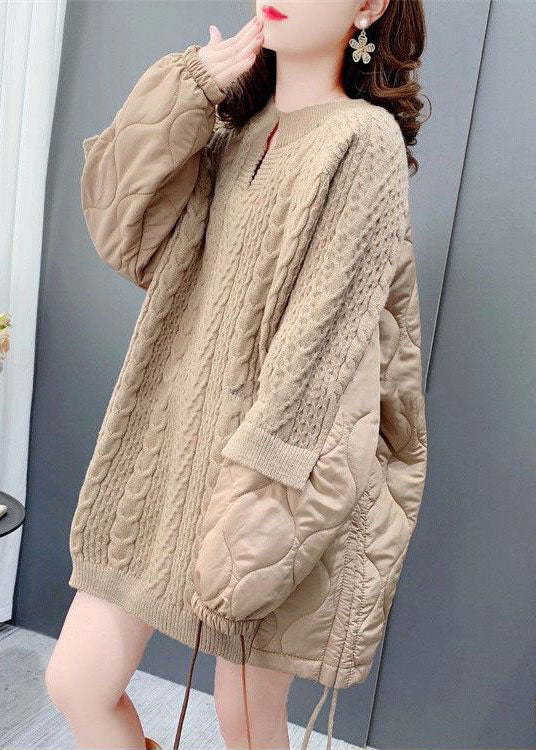 Chic Khaki O-Ausschnitt Übergroße Baumwolle gefüllt Patchwork Kordelzug Langer Pullover Winter