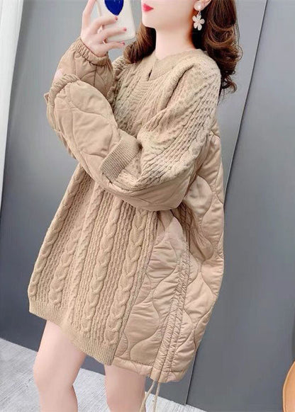 Chic Khaki O-Ausschnitt Übergroße Baumwolle gefüllt Patchwork Kordelzug Langer Pullover Winter