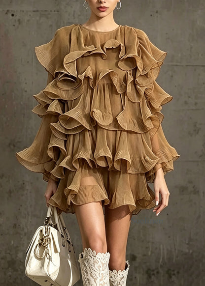 Chic Khaki O Neck Ruffled Patchwork Chiffon Dress Fall