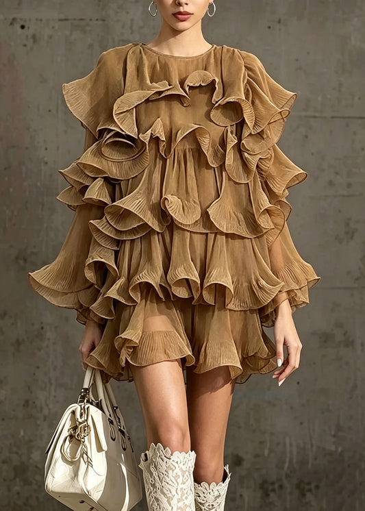 Chic Khaki O Neck Ruffled Patchwork Chiffon Dress Fall