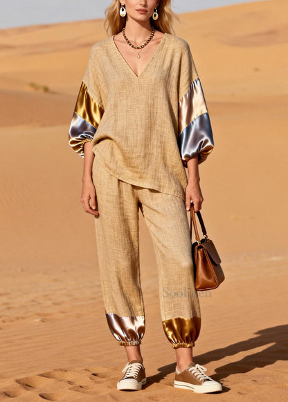 Chic Khaki Oversized Patchwork Linen Two Pieces Set Spring