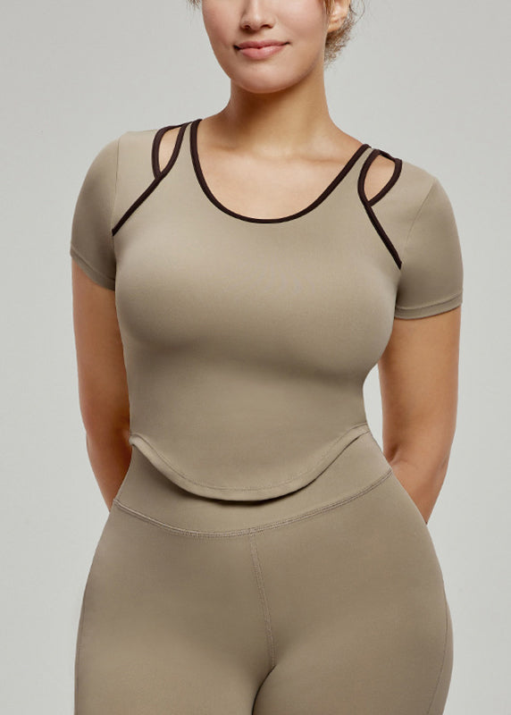 Chic Khaki Patchwork Hollow Out Yoga Tank Tops Summer