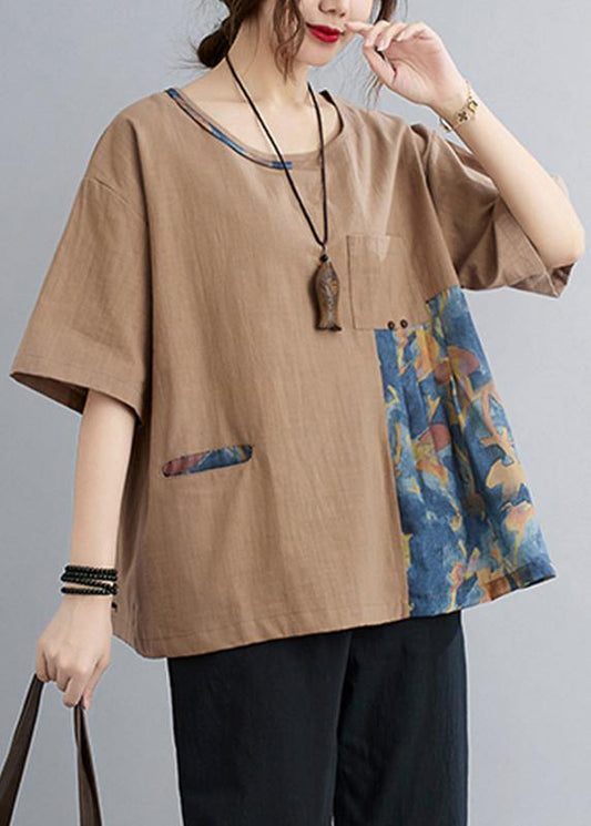 Chic Khaki Patchwork Pockets Cotton Linen Shirt Summer - SooLinen