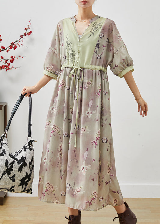 Schickes Khaki Print Patchwork Leinen Cinched Kleid Sommer