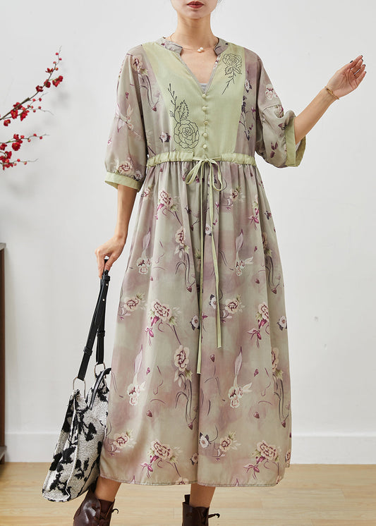 Schickes Khaki Print Patchwork Leinen Cinched Kleid Sommer