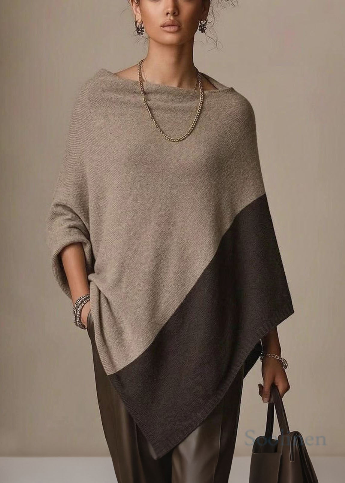 Chic Khaki Slash Neck Loose Woolen Knit Cape Fall
