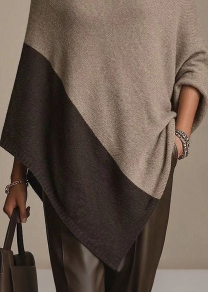 Chic Khaki Slash Neck Loose Woolen Knit Cape Fall