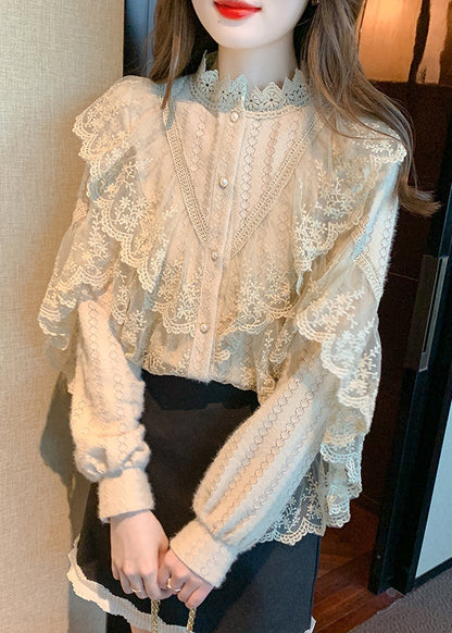 Camisas elegantes de encaje con patchwork y cuello alto de color caqui para primavera