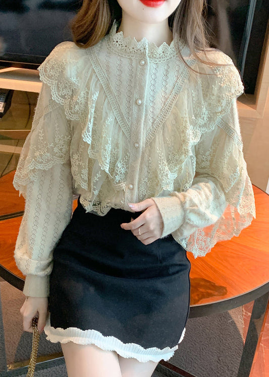 Camisas elegantes de encaje con patchwork y cuello alto de color caqui para primavera