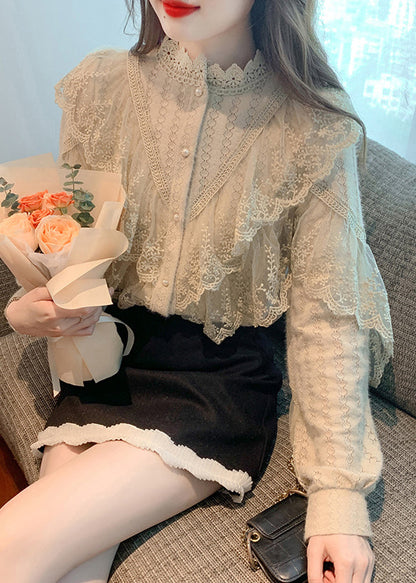 Camisas elegantes de encaje con patchwork y cuello alto de color caqui para primavera