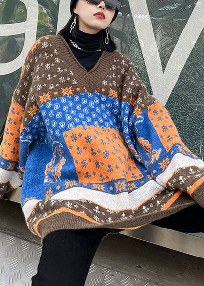 Schicke khakifarbene, lockere Strickpullover mit V-Ausschnitt und Print für den Herbst