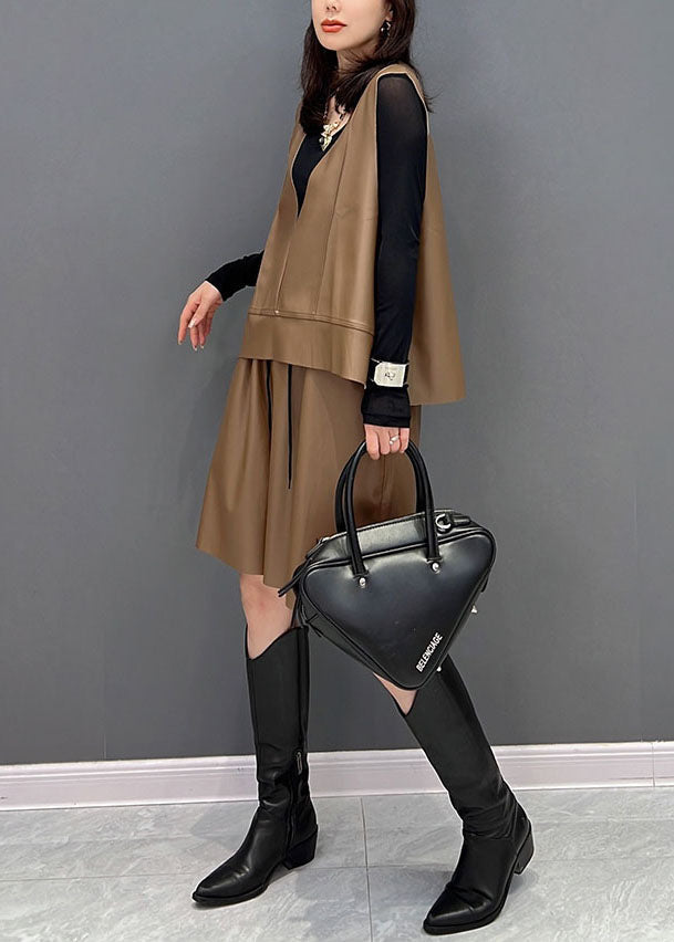 Chic Khaki V-Ausschnitt Solide Kunstleder Zwei Stücke Set Winter