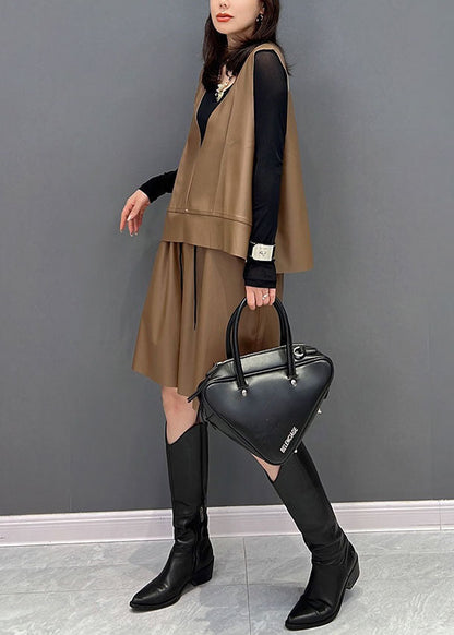 Chic Khaki V-Ausschnitt Solide Kunstleder Zwei Stücke Set Winter