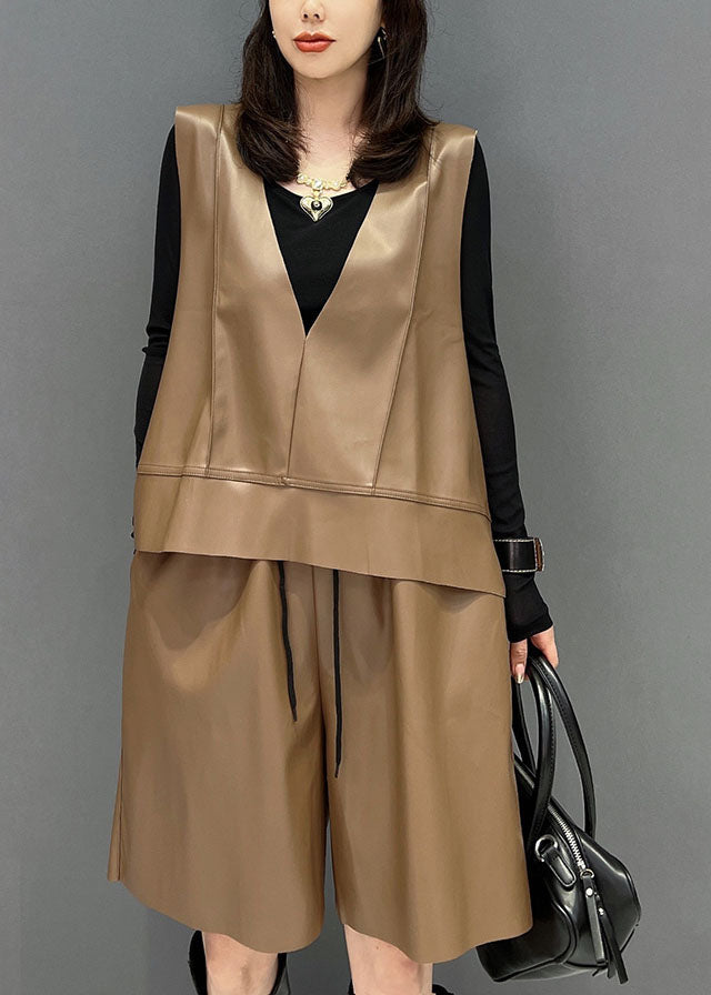 Chic Khaki V-Ausschnitt Solide Kunstleder Zwei Stücke Set Winter