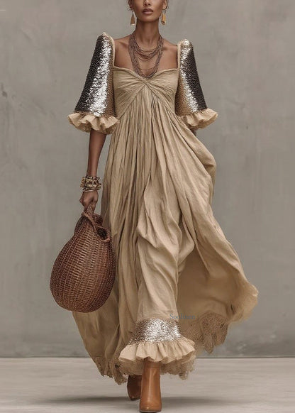 Chic Khaki Wrinkled Patchwork Maxi Dresses Short Sleeve