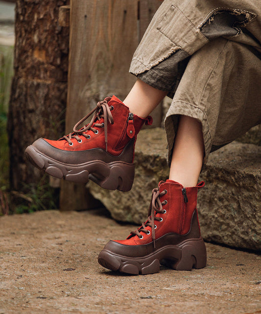 Chic Lace Up Splicing Platform Boots Red Cowhide Leather