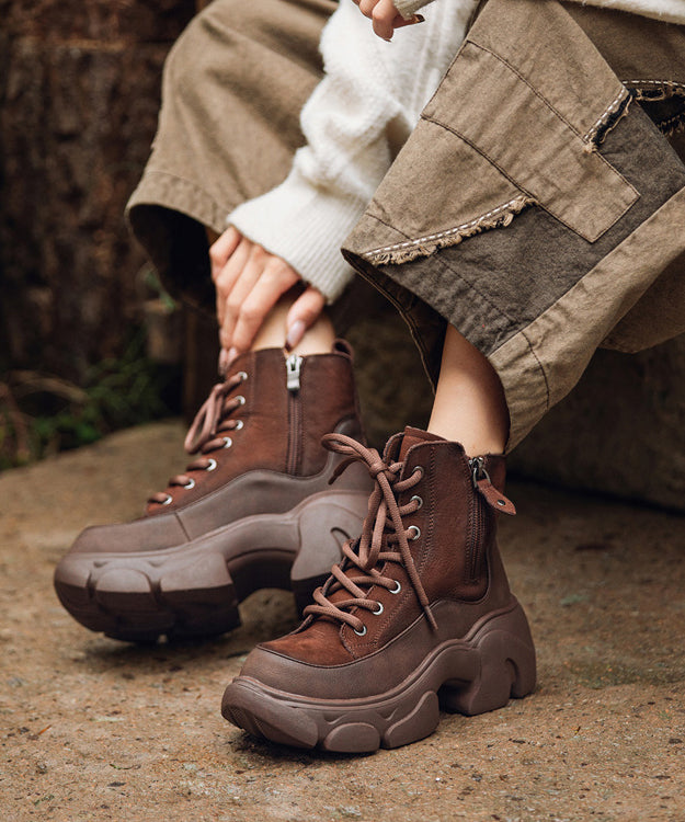 Chic Lace Up Splicing Platform Boots Red Cowhide Leather