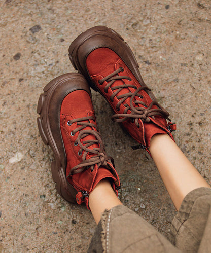 Chic Lace Up Splicing Platform Boots Red Cowhide Leather
