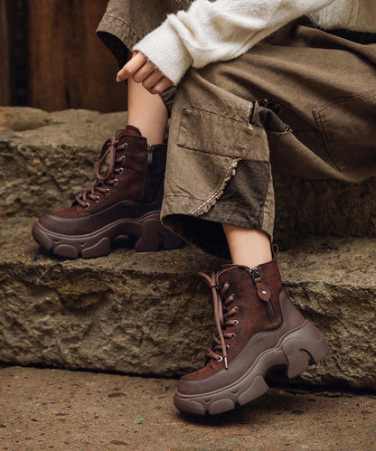 Chic Lace Up Splicing Platform Boots Red Cowhide Leather