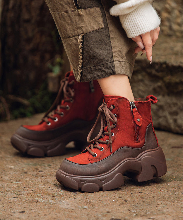 Chic Lace Up Splicing Platform Boots Red Cowhide Leather