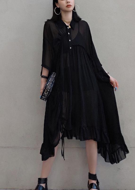 Chic Lapel Asymmetric Spring Quilting Dresses Design Black Long Dresses - SooLinen