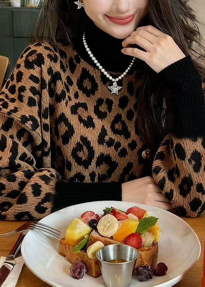 Schicke Strickpullover mit Leopardenmuster, hohem Kragen und Puffärmeln