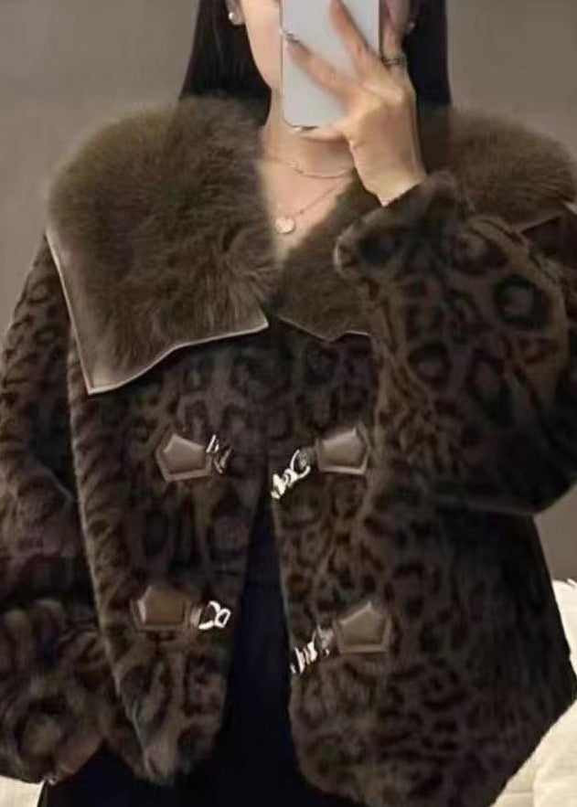 Abrigos elegantes de pelo de visón con botones y cuello Peter Pan de leopardo para invierno