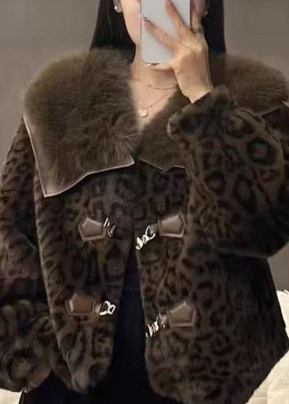 Abrigos elegantes de pelo de visón con botones y cuello Peter Pan de leopardo para invierno