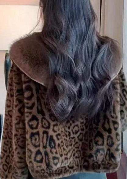 Abrigos elegantes de pelo de visón con botones y cuello Peter Pan de leopardo para invierno