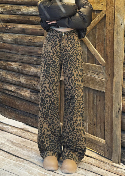 Schicke Leoparden-Hose mit Taschen, hohem Bund, warmem Fleece und weitem Bein