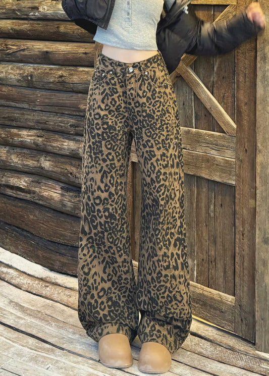 Schicke Leoparden-Hose mit Taschen, hohem Bund, warmem Fleece und weitem Bein