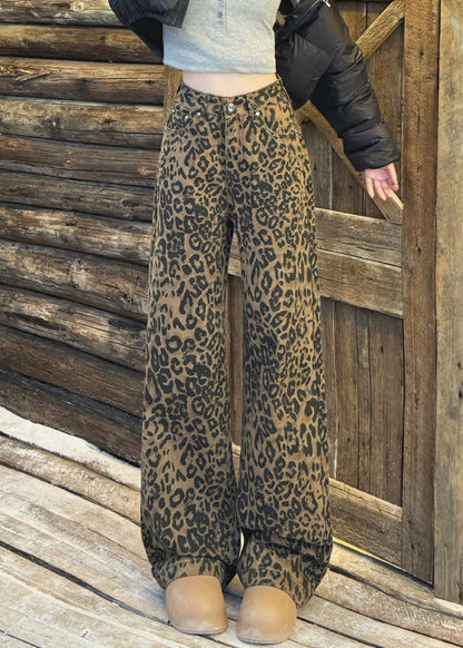Schicke Leoparden-Hose mit Taschen, hohem Bund, warmem Fleece und weitem Bein