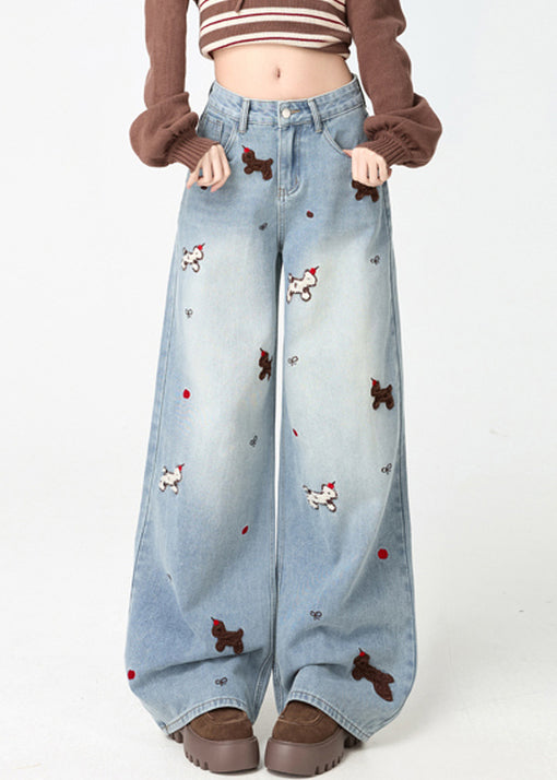 Chic Light Blue Little Dogs Embroidered High Waist Warm Fleece Jeans Spring