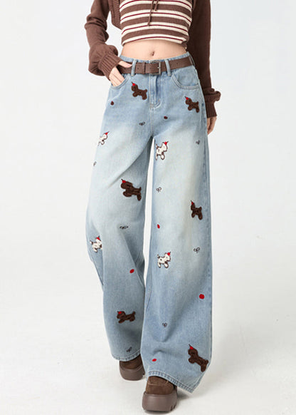 Chic Light Blue Little Dogs Embroidered High Waist Warm Fleece Jeans Spring
