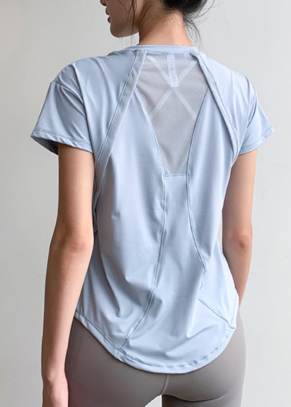 Chic Light Blue Tulle Patchwork Short Sleeve Yoga Top