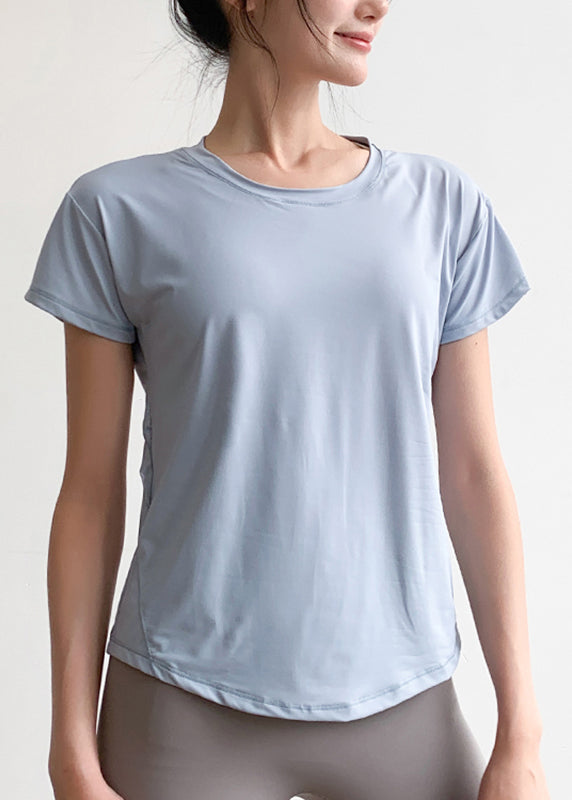 Chic Light Blue Tulle Patchwork Short Sleeve Yoga Top