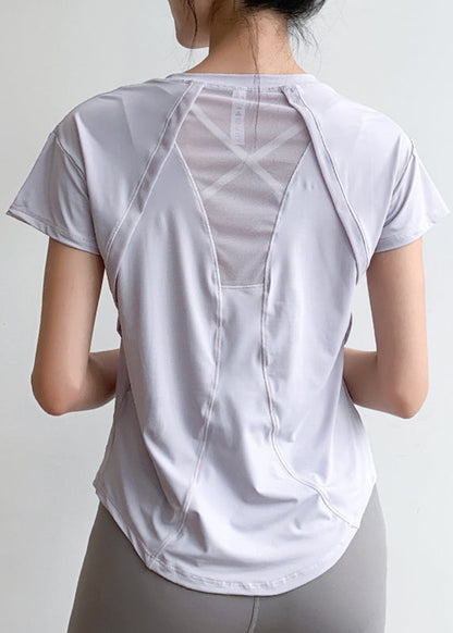 Chic Light Blue Tulle Patchwork Short Sleeve Yoga Top