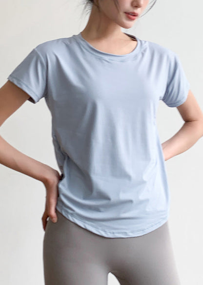 Chic Light Blue Tulle Patchwork Short Sleeve Yoga Top