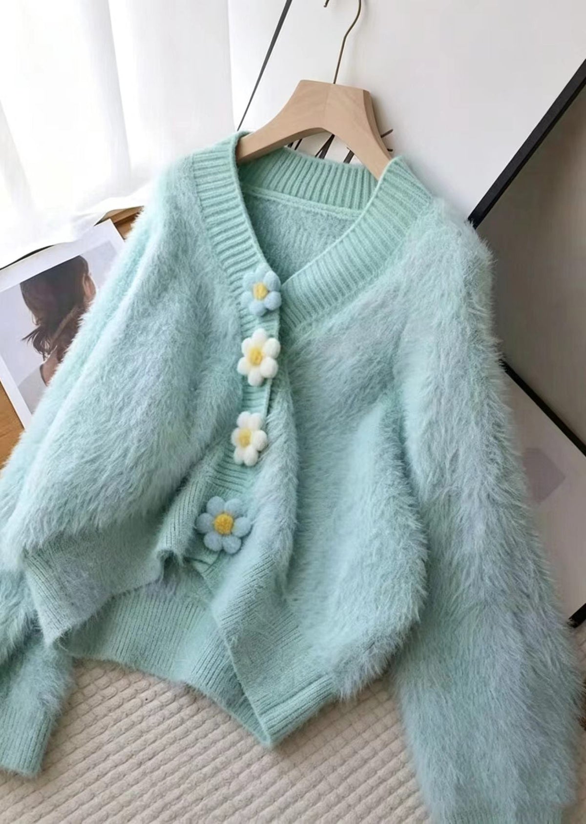 Chic Light Blue V Neck Stereoscopic Floral Faux Mink Hair Knitted Cardigan Fall