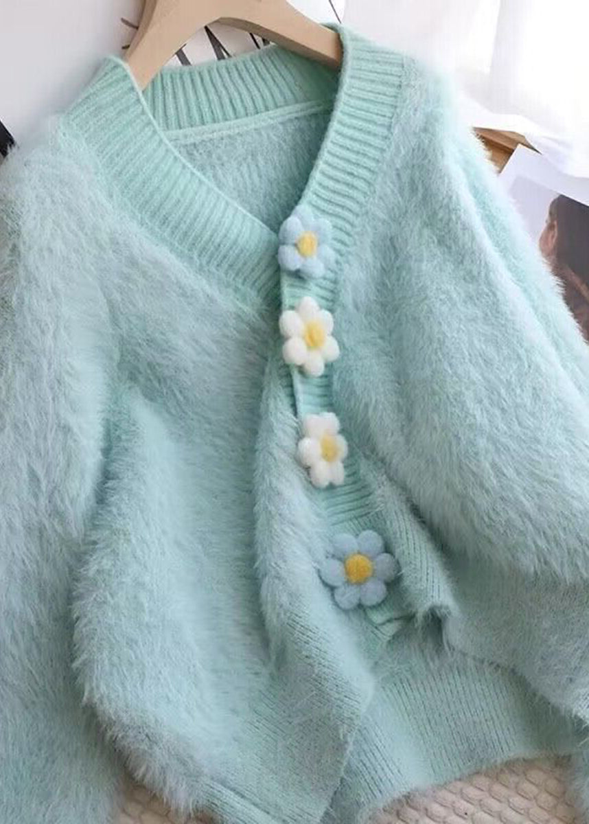 Chic Light Blue V Neck Stereoscopic Floral Faux Mink Hair Knitted Cardigan Fall