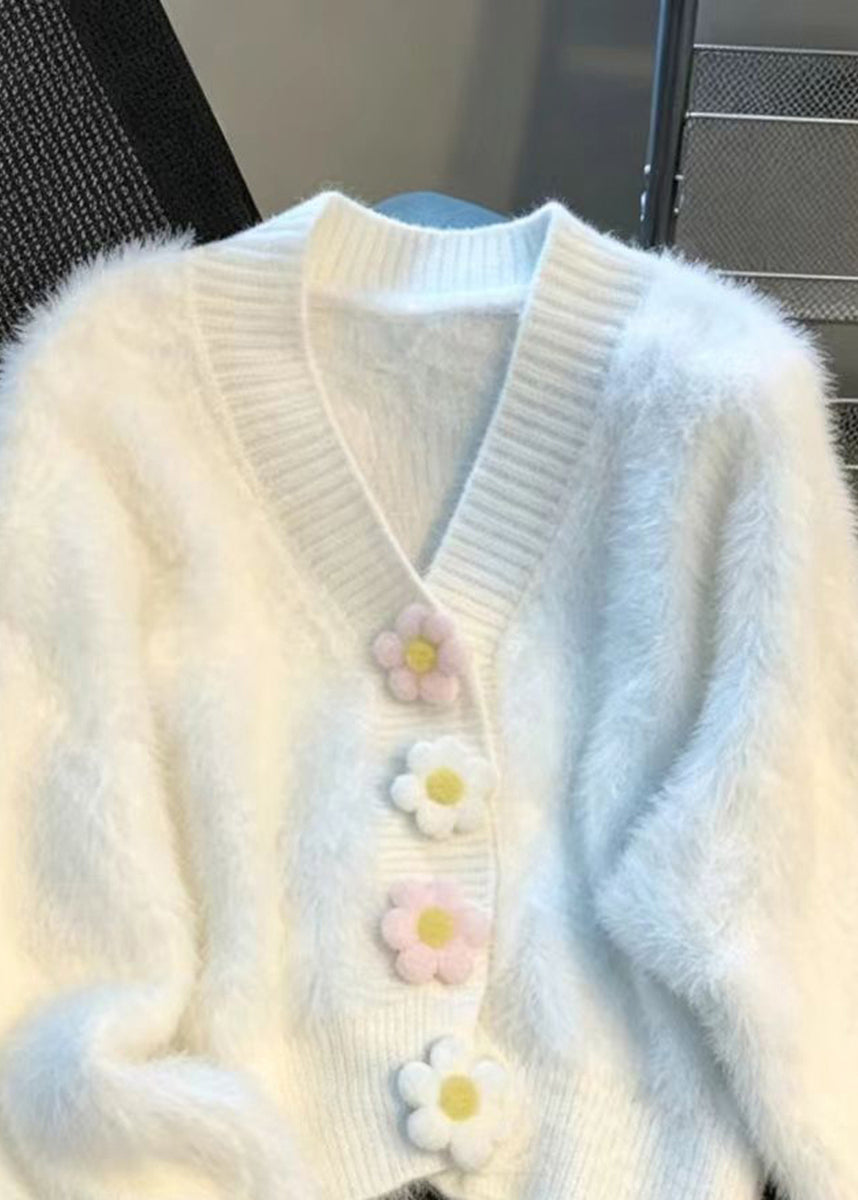 Chic Light Blue V Neck Stereoscopic Floral Faux Mink Hair Knitted Cardigan Fall