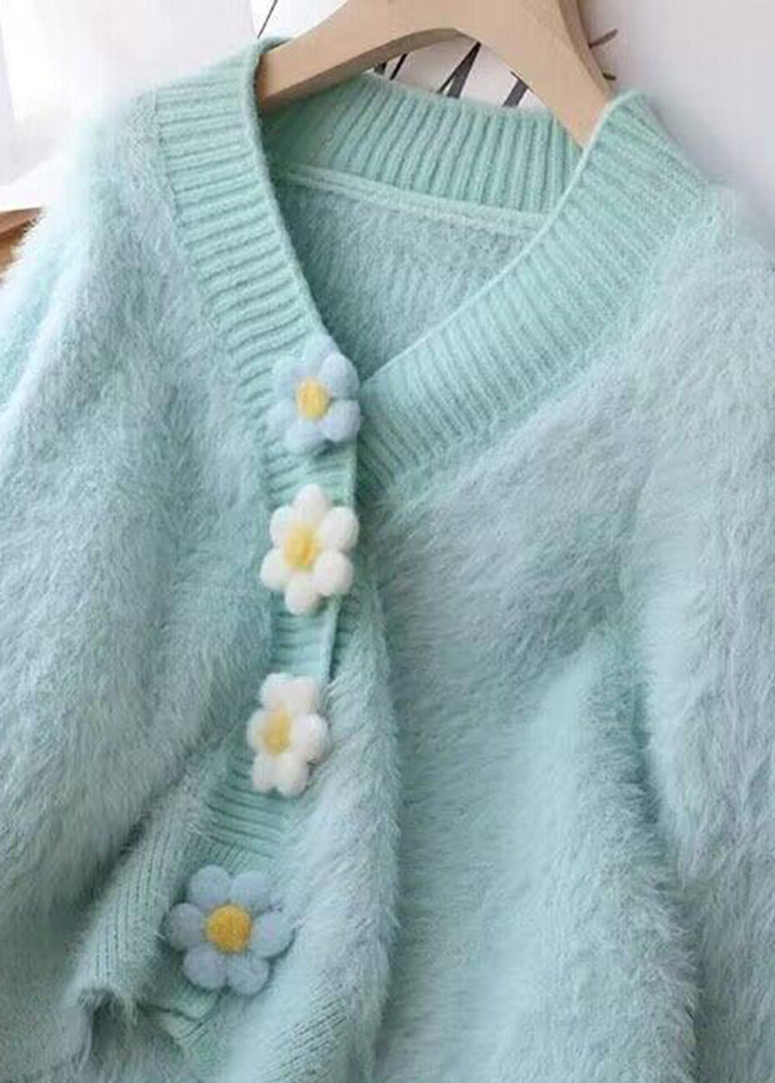Chic Light Blue V Neck Stereoscopic Floral Faux Mink Hair Knitted Cardigan Fall