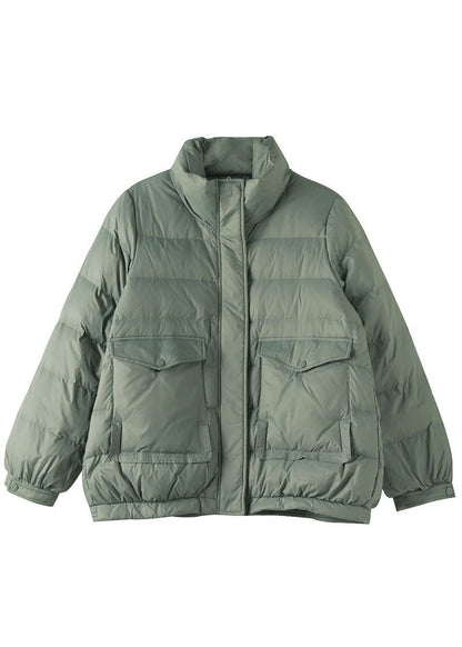 Chic Hellgrün Stehkragen Reißverschlusstaschen Entendaunen Puffer Jacken Winter