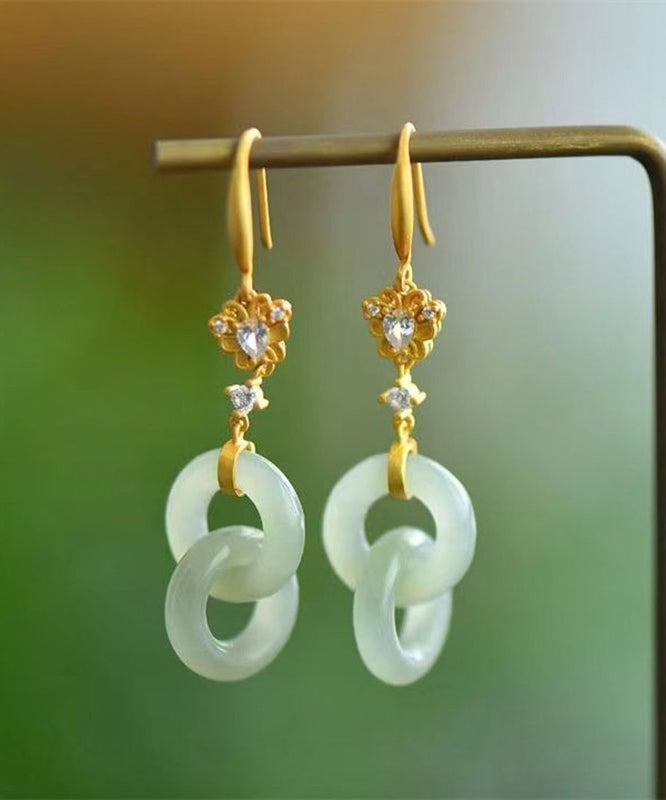 Elegantes pendientes colgantes de jade y circonita con doble aro en plata de ley verde claro y dorado