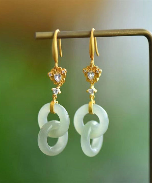 Elegantes pendientes colgantes de jade y circonita con doble aro en plata de ley verde claro y dorado