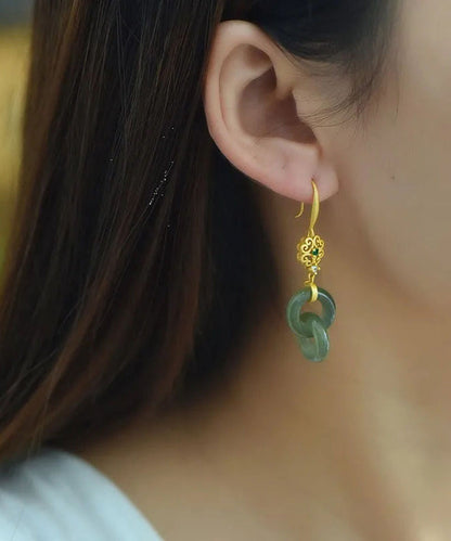 Elegantes pendientes colgantes de jade y circonita con doble aro en plata de ley verde claro y dorado