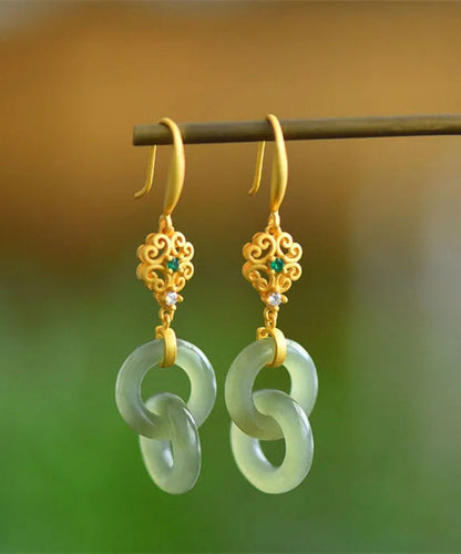 Elegantes pendientes colgantes de jade y circonita con doble aro en plata de ley verde claro y dorado