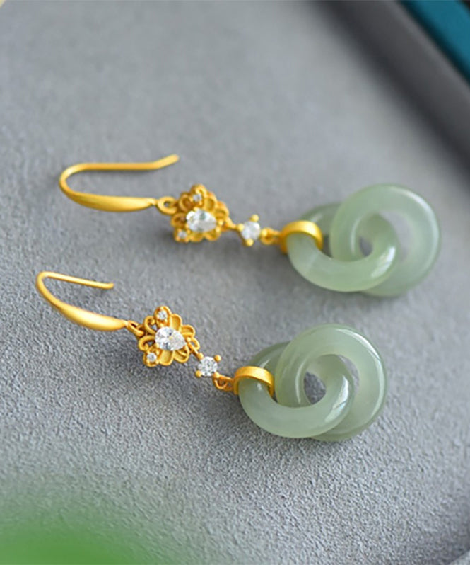 Elegantes pendientes colgantes de jade y circonita con doble aro en plata de ley verde claro y dorado